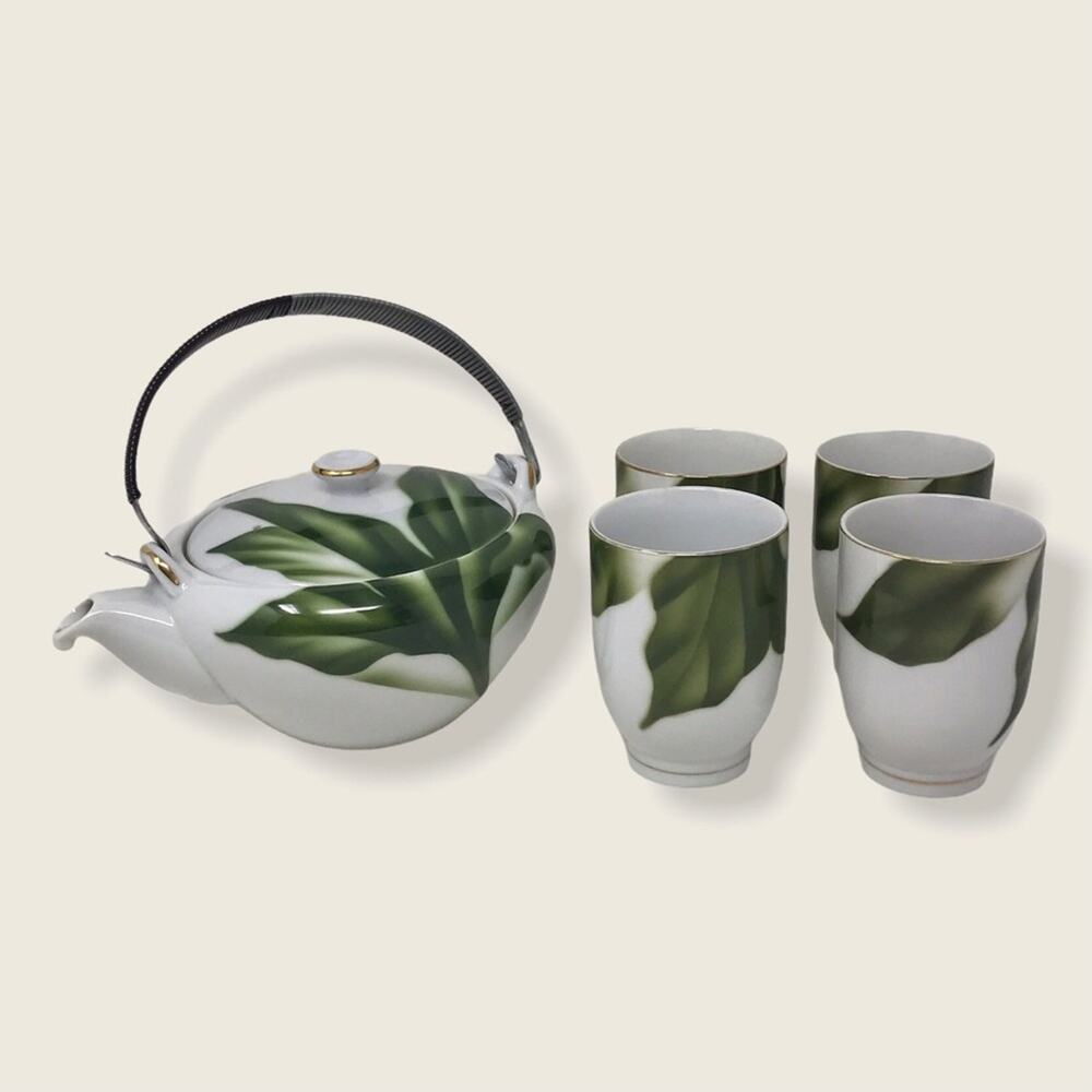 Vintage Seyei Porcelain Tea Pot Set Fine Bone China 6 Piece Leaf Print